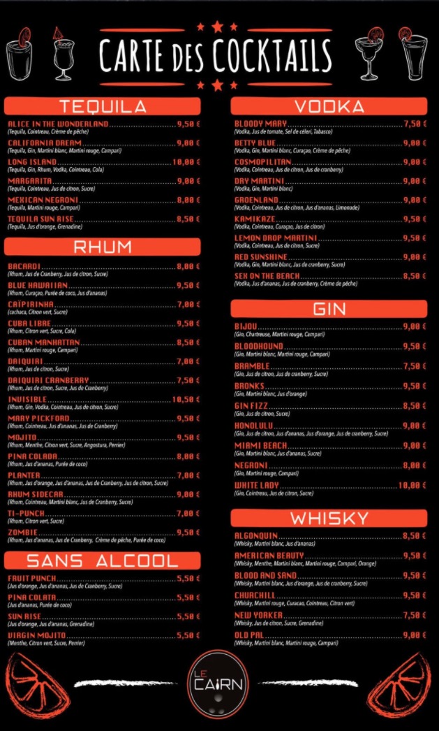 Carte cocktail Le Cairn